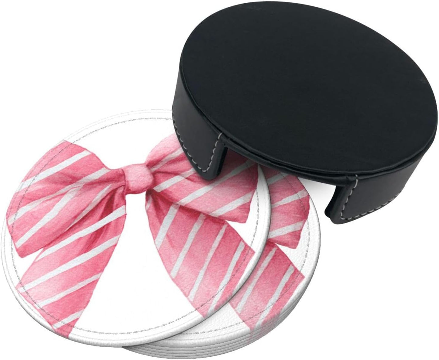 Light Pink Watercolor Bow with White Stripes Premium Leather Coasters, Set of 6 with Holder, Stylish Beverage Coasters for Kitchen Coffee Bar