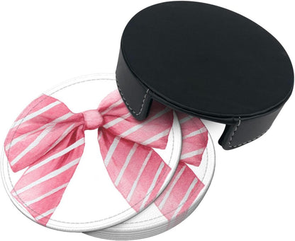 Light Pink Watercolor Bow with White Stripes Premium Leather Coasters, Set of 6 with Holder, Stylish Beverage Coasters for Kitchen Coffee Bar
