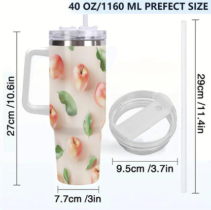 40oz Tumbler with Handle, Peaches And Green Leaves Pattern Printed Stainless Steel Travel Mug, Insulated Car Cup with Straw, Keeps Drinks Hot & Cold, Personalized Gift for Women & Men