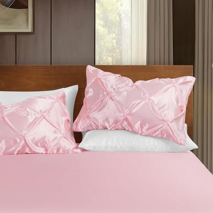P Pothuiny Pintuck Satin Pillowcase Standard Size Set of 2, Blush Pink Satin Pillow Shams Pinch Pleated Silky Smooth Pillow Covers for Hair, Decorative Pillow Case with Envelope Closure