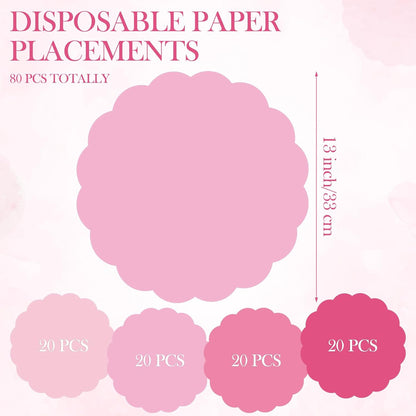 Tinlade 80 Pcs Wedding Pink Paper Placemats 13 Inch Disposable Place Mats Decorative Round Scalloped Table Placemats for Wedding Banquet Bridal Birthday Party Supplies Dining Tableware Decor