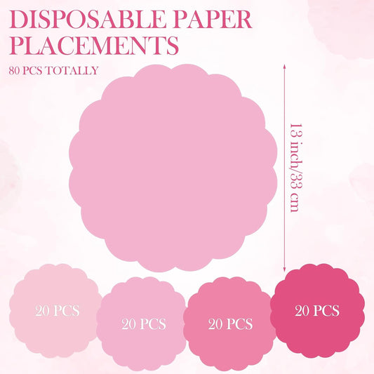 Tinlade 80 Pcs Wedding Pink Paper Placemats 13 Inch Disposable Place Mats Decorative Round Scalloped Table Placemats for Wedding Banquet Bridal Birthday Party Supplies Dining Tableware Decor