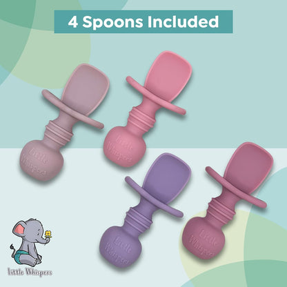 LittleWhispers Baby Silicone Spoons - Self Feeding 6 Months - Infant, Toddler, & Kid Friendly Utensils - First Stage, Baby Led Weaning - 4 Pack Utensil Set (Soft Pinks)