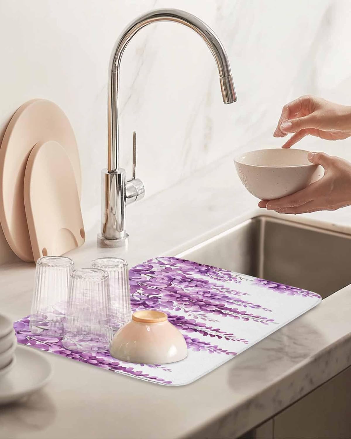 Dish Drying Mat Wisteria Floral Drying Mat for Kitchen Counter Light Pink Leaf Dish Pads Absorbent Microfiber Machine Washable 16 x 18 Inches