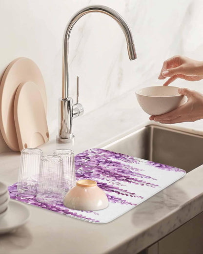 Dish Drying Mat Wisteria Floral Drying Mat for Kitchen Counter Light Pink Leaf Dish Pads Absorbent Microfiber Machine Washable 16 x 18 Inches