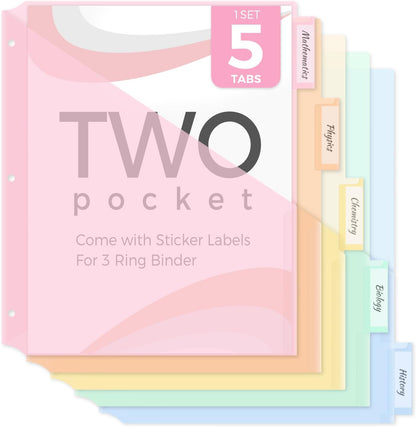 SKYDUE Binder Dividers with Two Pockets, 1Set, 5 Tabs Dividers for 3 Ring Binder, Plastic Binder Dividers with Tabs for School, Office, and Home Organization,Pink