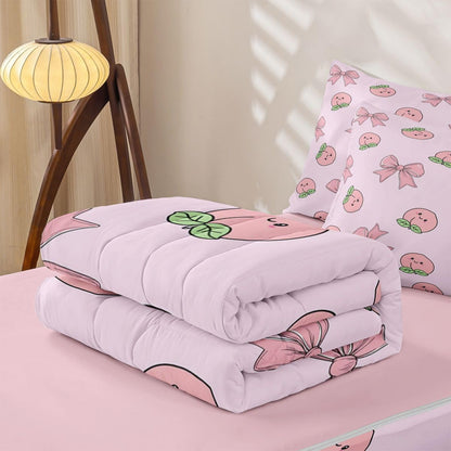 Erosebridal Bowknot Zipper Comforter Set Queen Peach Bedding Set Cute Cartoon Peaches Kawaii Pink Bow Bed in a Bag Fruit Princess Ribbon Bowtie Zippered Quilt Fitted Sheet,2 Pillowcases