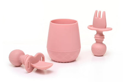 Tooshka® Baby Utensil Set (3 pcs) - Self Feeding Spoons and Tiny Cup - Silicone & BPA Free - Baby-Led Weaning (BLW) Supplies - Ages 6+ Months - Pink Baby Cup & Utensils