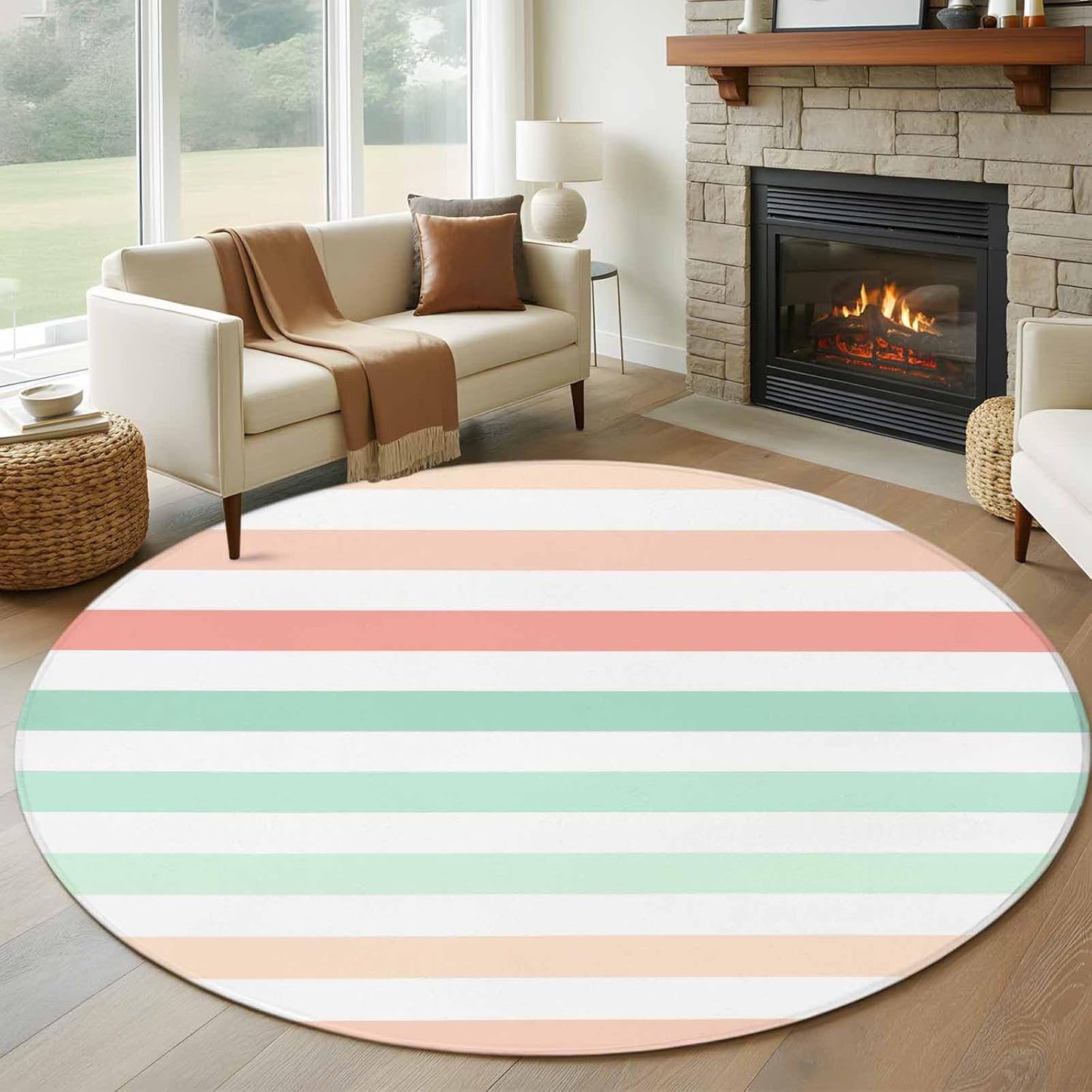 Large Round Rug 7Ft, Peach Pink Green Ombre Living Room Circle Rug Washable Round Area Rug, Farmhouse Stripe Modern Non Slip Indoor Carpet for Entryway Dining Room Bedroom Aesthetic Decor