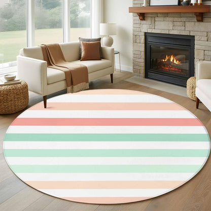 Large Round Rug 7Ft, Peach Pink Green Ombre Living Room Circle Rug Washable Round Area Rug, Farmhouse Stripe Modern Non Slip Indoor Carpet for Entryway Dining Room Bedroom Aesthetic Decor