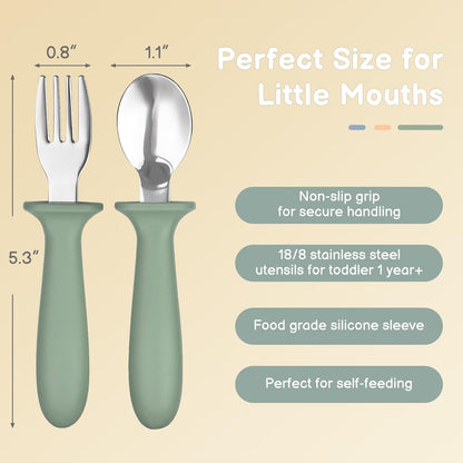 Eascrozn 6 Pack Toddler Utensils, kids Silverware with Silicone Handle, 18/8 Stainless Steel Children Safe Spoons and Forks Set Baby Feeding Essentials, Dishwasher Safe