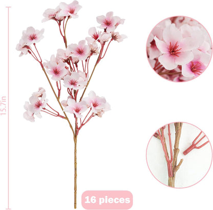16PCS Artificial Cherry Blossom Flowers, 15.7" Fake Pink Peach Flowers Slik Faux Cherry Blossom Stems Flower Boquet for Home Vase Wedding Party Spring Decoration