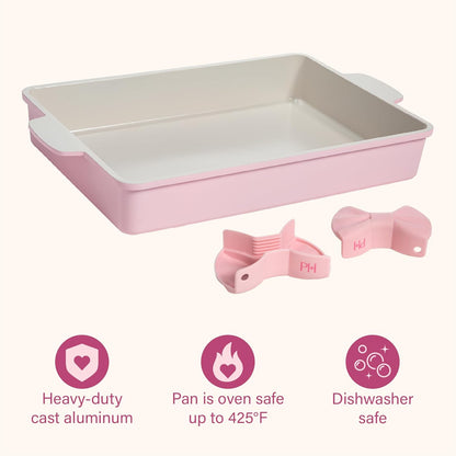 Paris Hilton Deluxe Roasting Pan Set, Heavy Duty Nonstick Bakeware with Silicone Handle Grips, 13"x9", Pink