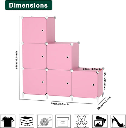 Cube Storage Organizer, 6-Cube Shelves Unit with Doors, DIY Stackable Plastic Clothes Organizer for Bedroom and Under Stairs Storage Unit, Each Compartment 30 x 30 x 30 cm Pink