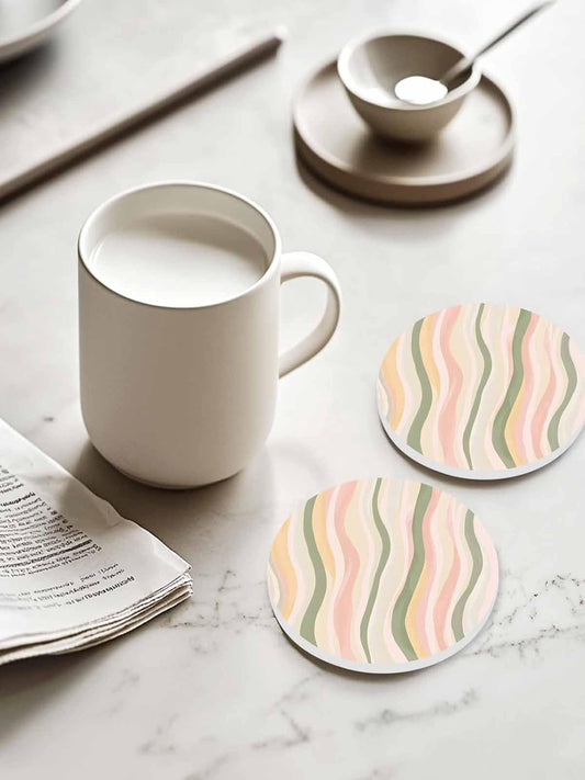 Coaster for Drinks 6 Pack,Light Green Pink Stripes Absorbent Round Ceramic Stone with Cork Base,Low Saturation Colorful Pattern Drink Coaster Cup Mats for Home Dining Coffee Tables