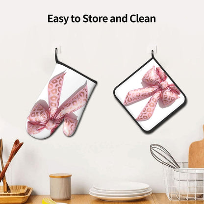 Light Pink Bow Balloon Leopard Print Oven Mitts and Pot Holders Sets,Heat Resistant Potholder Kitchen Decor for Cooking Baking BBQ, Oven Glove Set