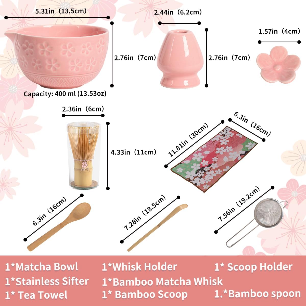 8-Piece Matcha Ceremony Set - Tea Kit with Cherry Blossom Bowl, Bamboo Whisk, Wood Scoops, Tea Cloth & Floral Display - Gift-Ready Pink Cherry color box (pink)