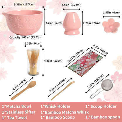 8-Piece Matcha Ceremony Set - Tea Kit with Cherry Blossom Bowl, Bamboo Whisk, Wood Scoops, Tea Cloth & Floral Display - Gift-Ready Pink Cherry color box (pink)