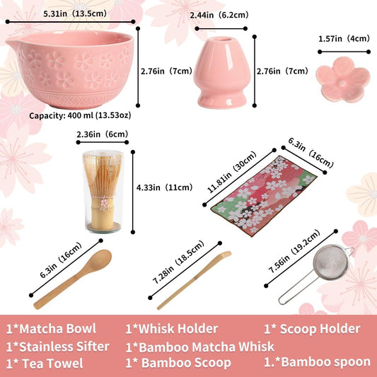 8-Piece Matcha Ceremony Set - Tea Kit with Cherry Blossom Bowl, Bamboo Whisk, Wood Scoops, Tea Cloth & Floral Display - Gift-Ready Pink Cherry color box (pink)