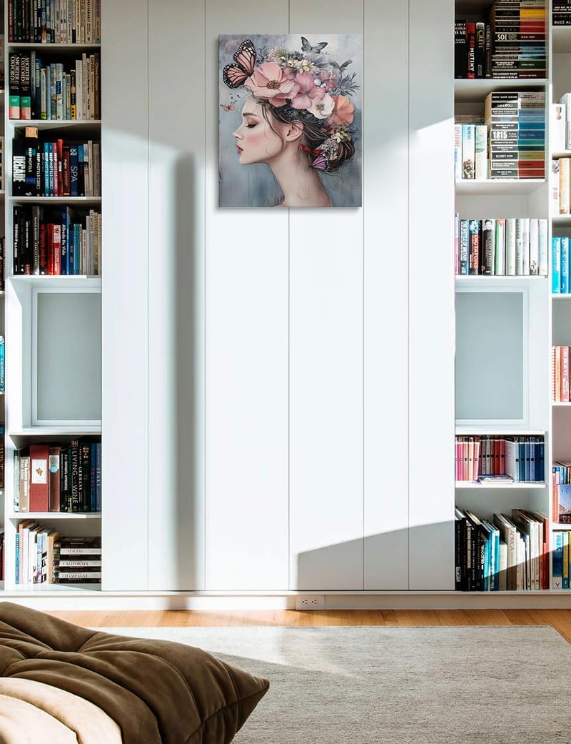 Woman with Flower Crown and Butterflies Canvas Wall Art Framed Print Painting Feminine Floral Portrait Pastel Pink Wall Decor Artwork for Bedroom Nursery Office Dreamy Ethereal Aesthetic 12x16 Inches