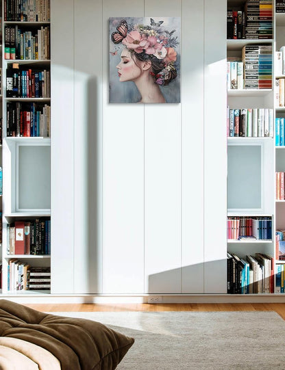 Woman with Flower Crown and Butterflies Canvas Wall Art Framed Print Painting Feminine Floral Portrait Pastel Pink Wall Decor Artwork for Bedroom Nursery Office Dreamy Ethereal Aesthetic 12x16 Inches