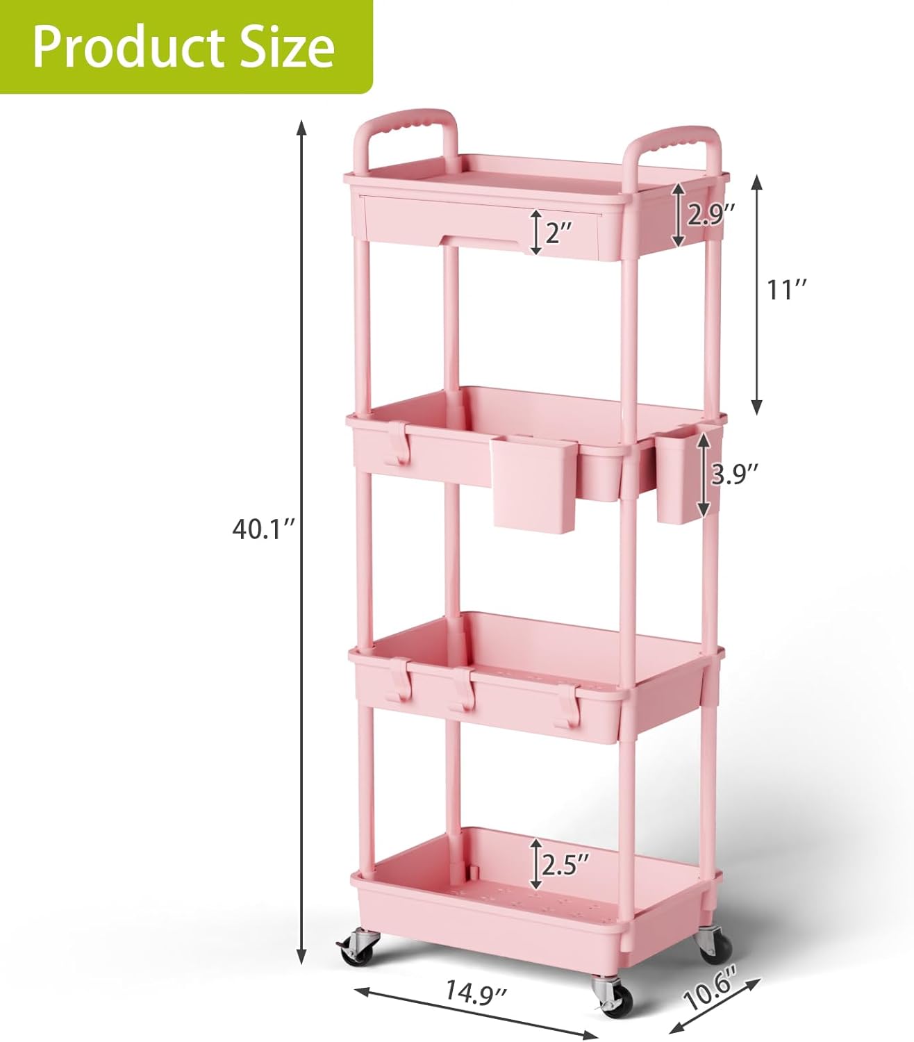 Sorgion 4 Tier Rolling Cart Organizer,Art Craft Diaper Bedside Snack Laundry Room Bathroom Organizer Narrow Thin Slim Rolling Trolley Utility Cart with Wheels for Kitchen,Office(Pink)