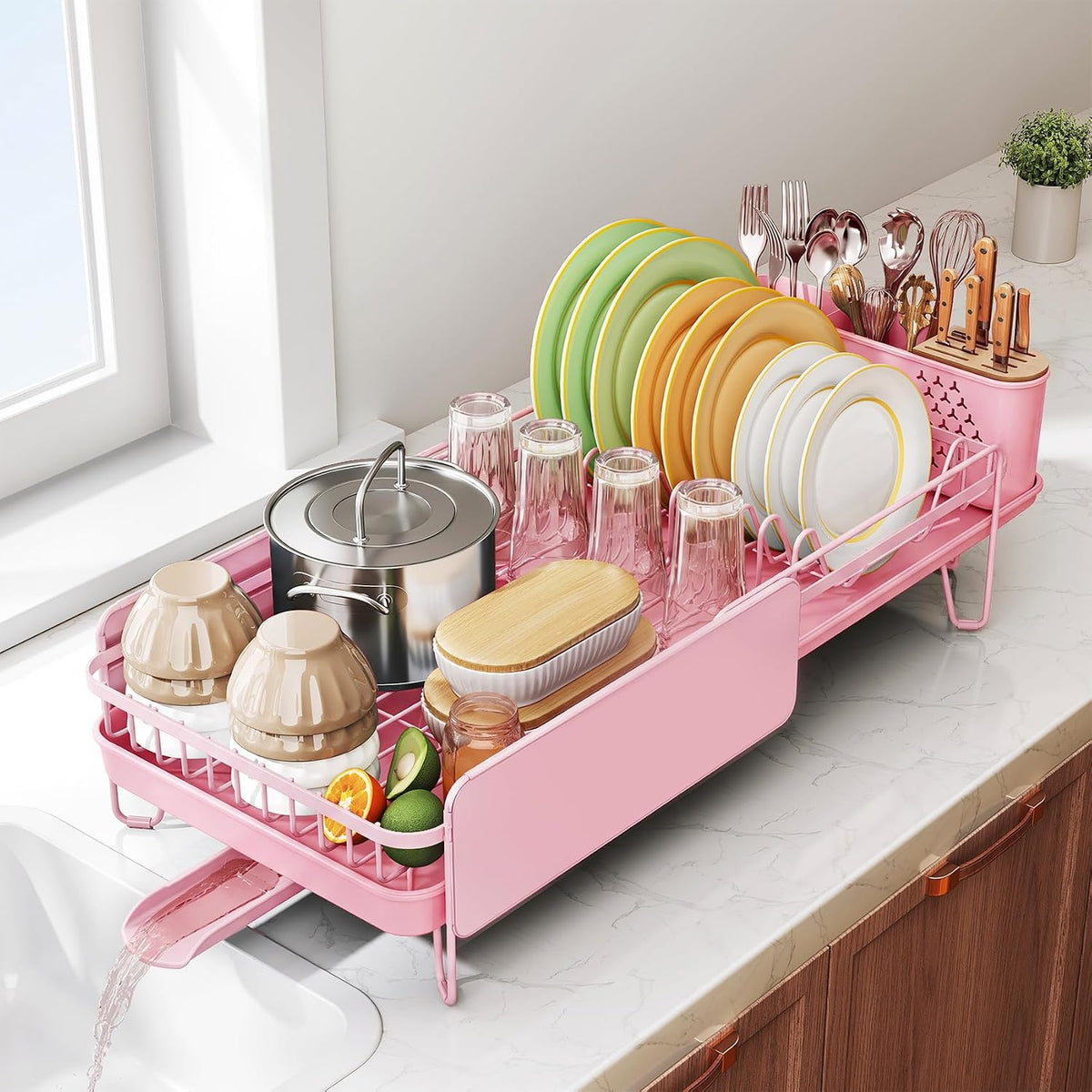 Large Dish Drying Rack for Kitchen Counter, Expandable, Pink