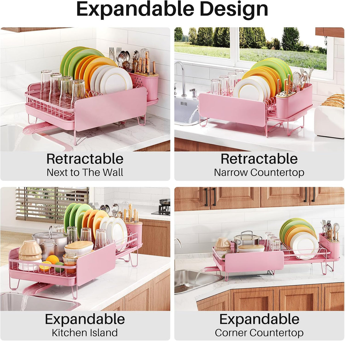 Large Dish Drying Rack for Kitchen Counter, Expandable, Pink