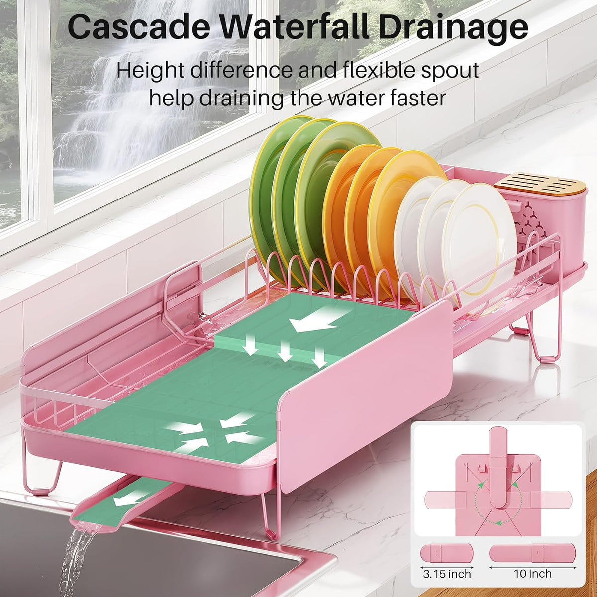 Large Dish Drying Rack for Kitchen Counter, Expandable, Pink