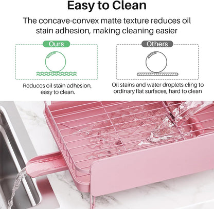 Large Dish Drying Rack for Kitchen Counter, Expandable, Pink