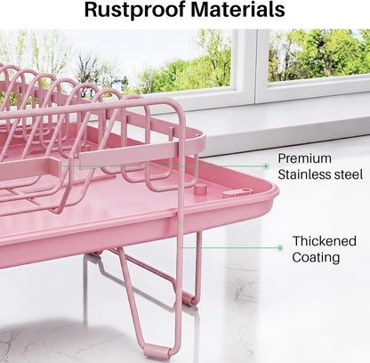 Large Dish Drying Rack for Kitchen Counter, Expandable, Pink