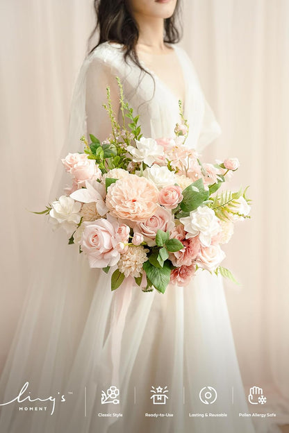 Ling's moment Blush Pink Wedding Bouquets for Bride, Blush and Cream Bridal Bouquets for Bride, 15 Inch Free Form Artificial Wedding Flower Bouquet