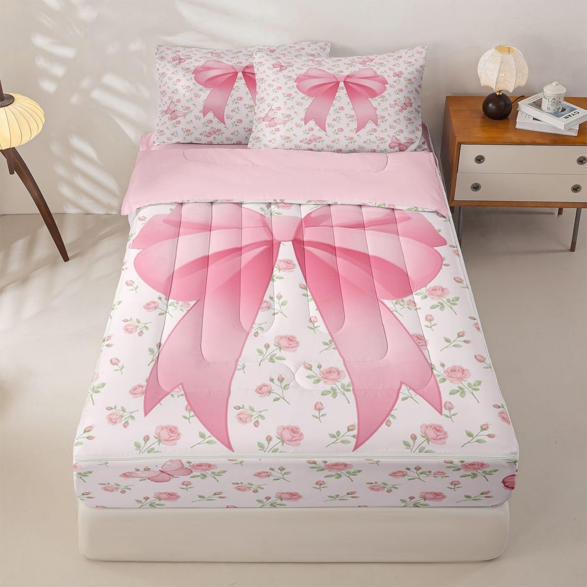 Feelyou Cute Bow Comforter Set Queen Size Zipper Bedding Set for Girls Boys Floral Butterfly Comforter with Fitted Sheet, Pillowcases Flower Pink Zipper Bedding Soft Breathable Bed in a Bag