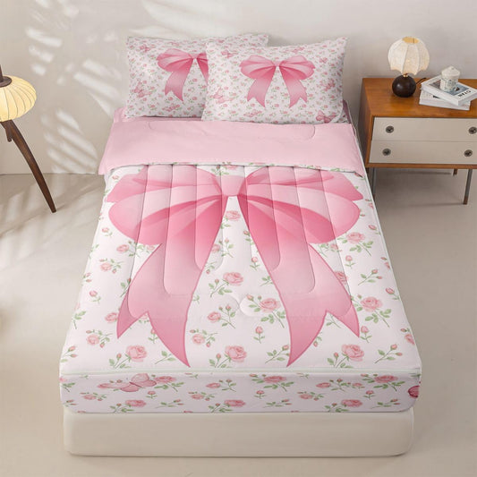 Feelyou Cute Bow Comforter Set Queen Size Zipper Bedding Set for Girls Boys Floral Butterfly Comforter with Fitted Sheet, Pillowcases Flower Pink Zipper Bedding Soft Breathable Bed in a Bag