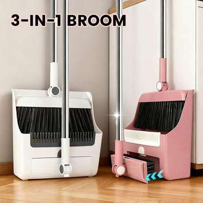 3in1 Broom and Dustpan Combo with Cleaning Teeth, Adjustable Long Handle, 180° Rotating Broom,Ideal for Pet Hair, Indoor Outdoor Heavy Duty Floor Sweeping (Pink)