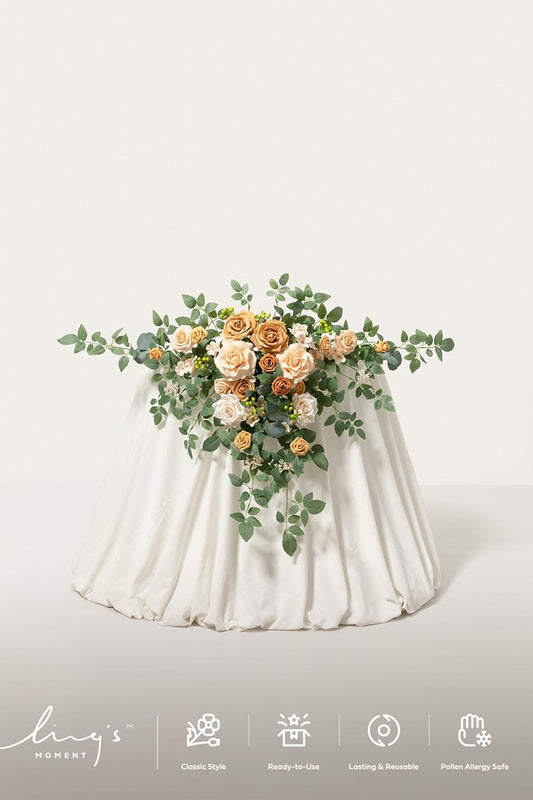 Ling's moment 2PCS Apricot Peach Artificial Flower Garland Wedding Arch Flowers Floral Swags Centerpieces Decoration Rose Greenery for Sweetheart/Head Table Easel Wall Entryway Board Backdrop