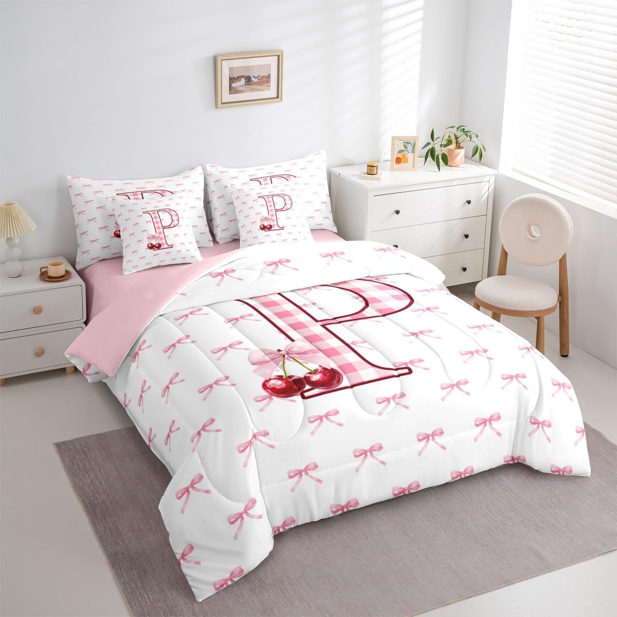 Erosebridal Initial P Letter Bowknot Bed in A Bag Queen 7 Piece Pink Bow Tie Cherry Comforter Set Princess Coquette Decor Bedding Sets for Kids Girls Ribbon Buffalo Checkered Sheet Set with Comforter