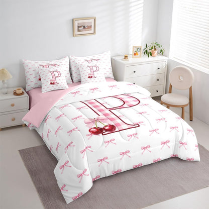 Erosebridal Initial P Letter Bowknot Bed in A Bag Queen 7 Piece Pink Bow Tie Cherry Comforter Set Princess Coquette Decor Bedding Sets for Kids Girls Ribbon Buffalo Checkered Sheet Set with Comforter