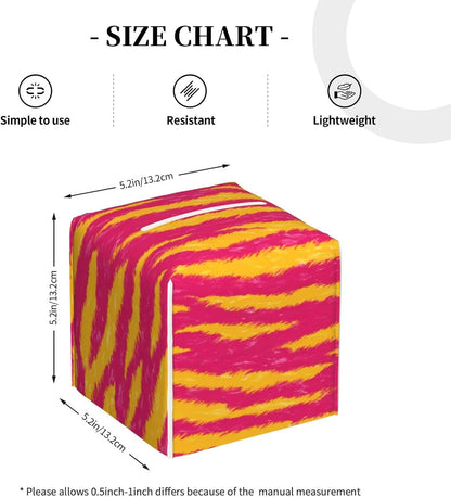 Neon Pink and Yellow Tiger Stripe Pattern Tissue Box Cover Square Pu Leather Waterproof Tissue Box Holder for Car Bathroom Bedroom Office Tabletop Decor