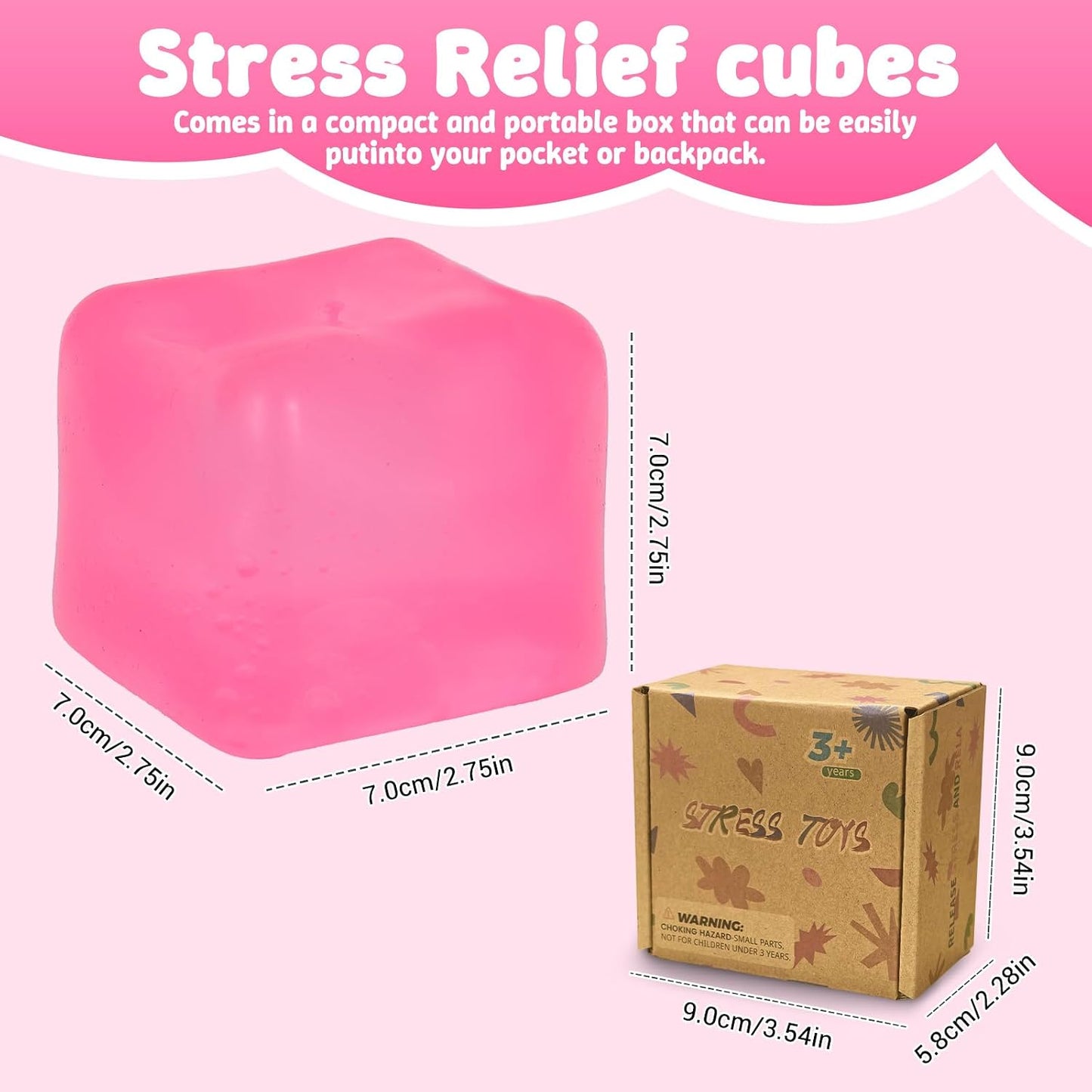 Squishy Ice Cube Fidget Toy,Large Squeeze Toys, Big Squishy Stress Ball with Durable Soft Texture, Extra-Satisfying Squeeze Toy for Adults and Boys & Girls Age 3+ (2.76in) (Pink)