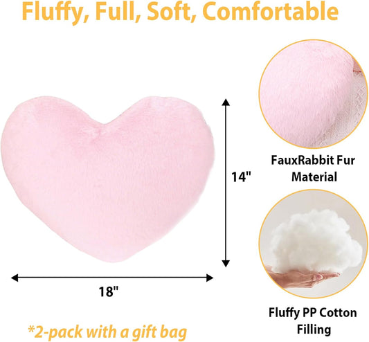 Fuxiqar 2 Pack Pink Heart Throw Pillows 18-inch Soft Fluffy Decorative Cute Pillows for Bed Couch Sofa Bedroom Decor Cozy Gift Idea(Pink)