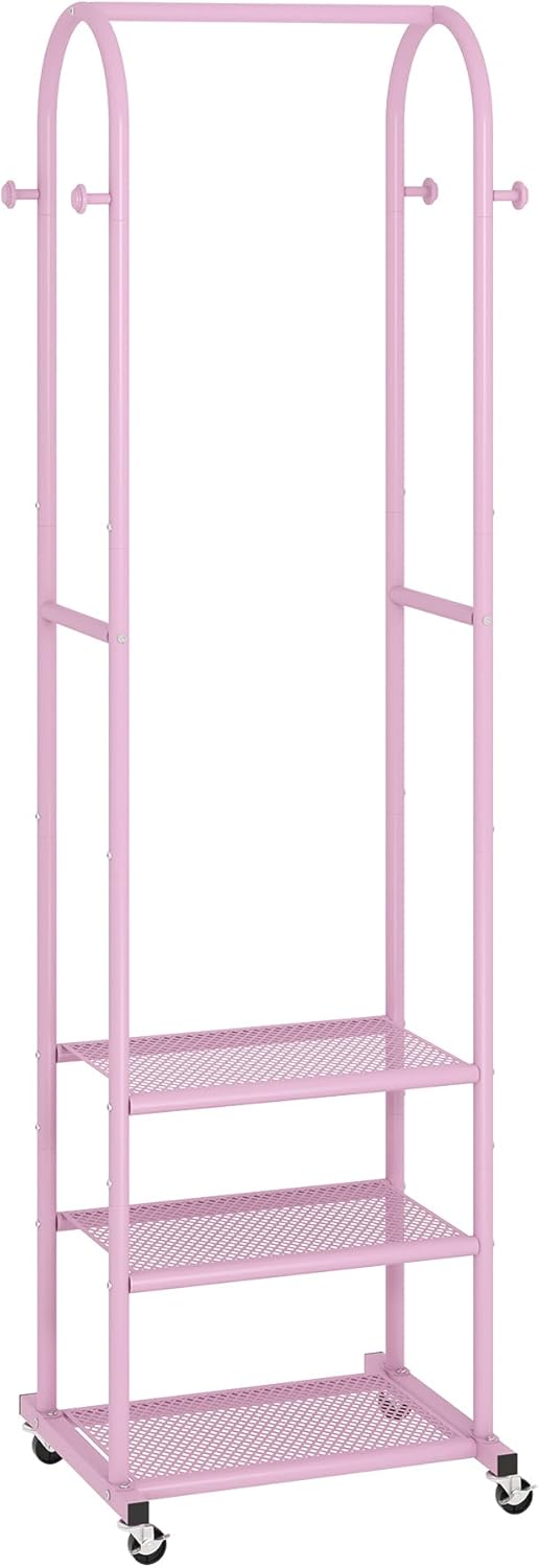 Kaitiemoo Heavy Duty Clothing Rack With Wheels,Modern Garment Rack With 3 Metal Shelves, 71.8Inches Display Rack For Hanging Clothes, Hanging Rod For Small Space,Pink