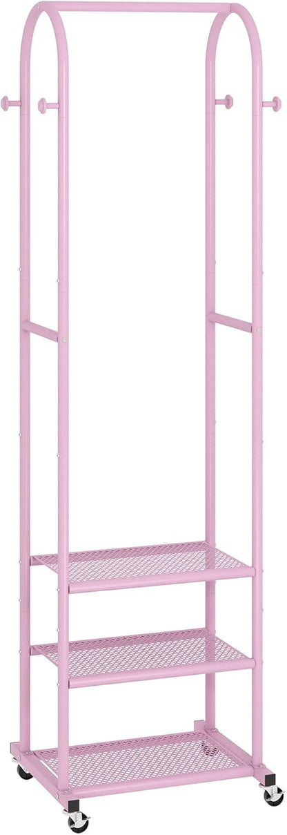 Kaitiemoo Heavy Duty Clothing Rack With Wheels,Modern Garment Rack With 3 Metal Shelves, 71.8Inches Display Rack For Hanging Clothes, Hanging Rod For Small Space,Pink