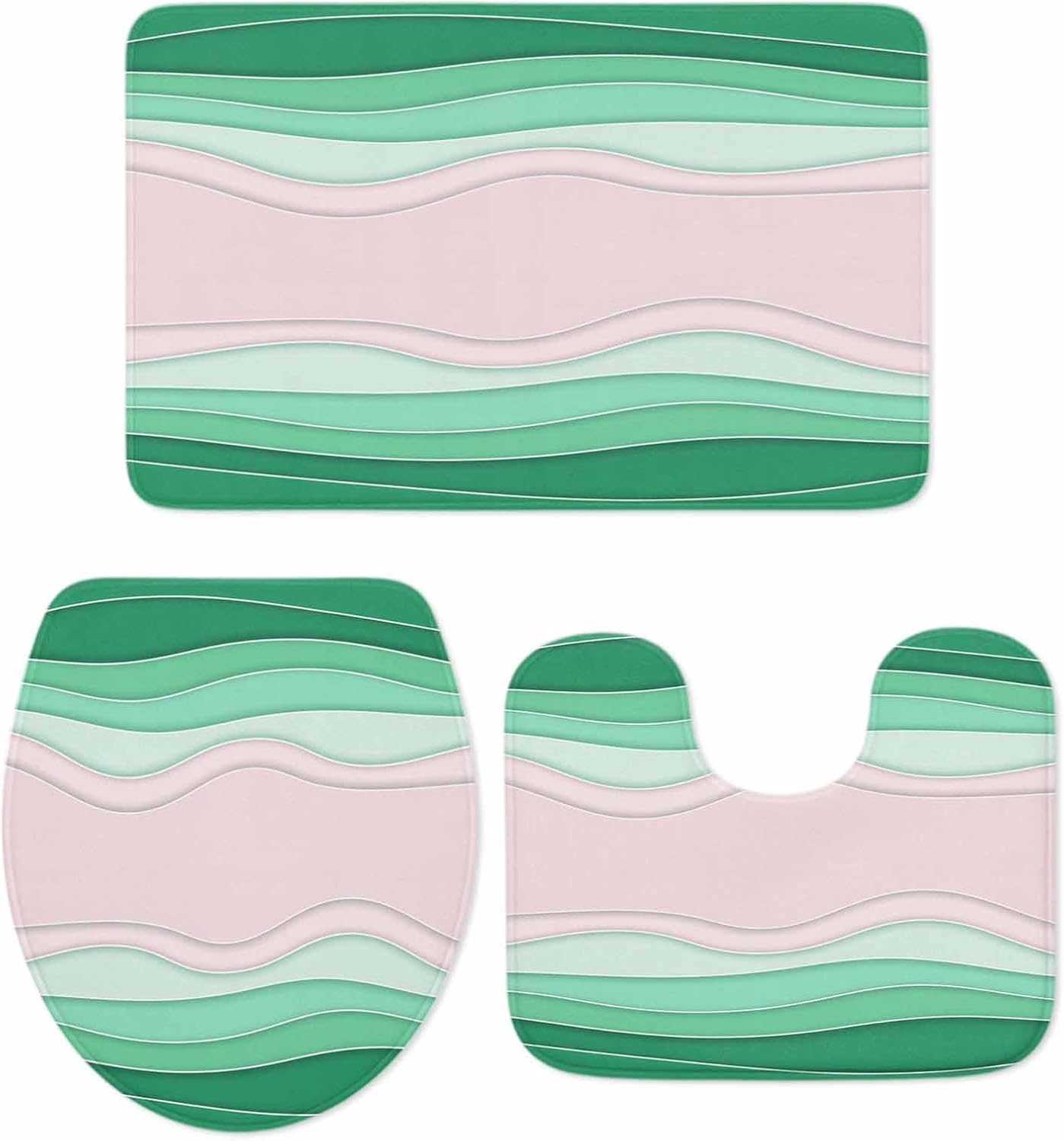 Green Stripes Bathroom Rugs Mat Sets 3 Piece, Light Pink Ombre Simple Abstract Lines Bath Shower Rugs with U-Shaped Contour Toilet Mat, Small Absorbent Bathtub Runner Rugs Floor Mats