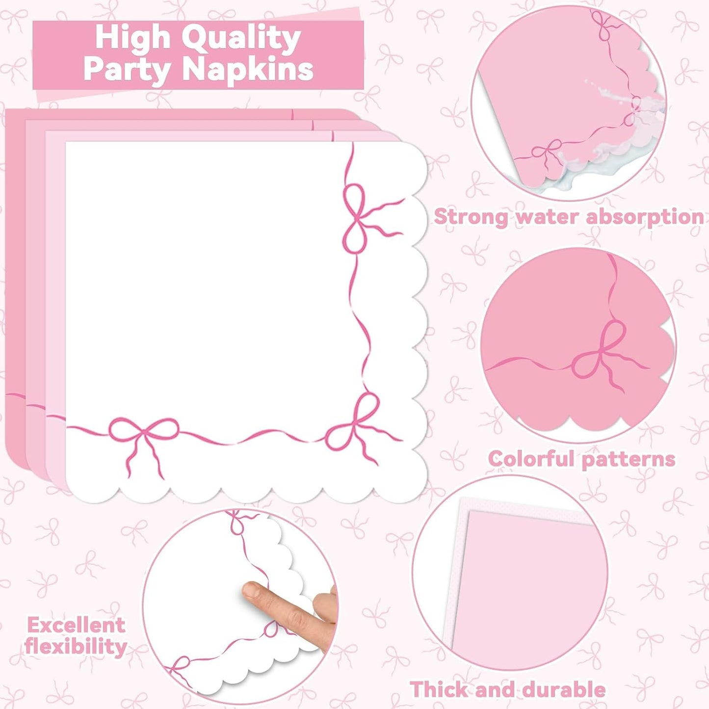96pcs Pink Bow Party Supplies Bow Scalloped Paper Plates and Napkins Pink Bowknot Party Decors for Girl Bachelorette Bridal Engagement Baby Shower Coquette Cute Tableware Dinnerware Serves 24 Guests
