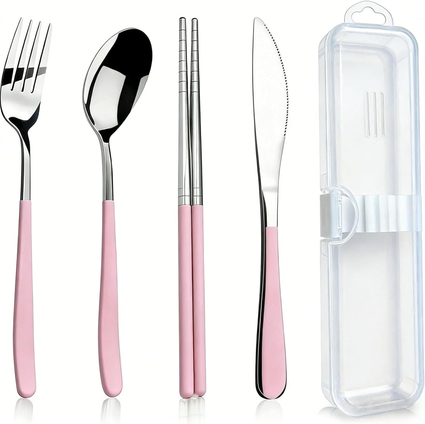 Reusable Travel Utensils Set - 5-Piece Stainless Steel Cutlery with Case, Portable Silverware for Camping, Office & Lunch Box, Eco-Friendly On-the-Go Flatware Kit (pink)