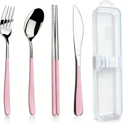 Reusable Travel Utensils Set - 5-Piece Stainless Steel Cutlery with Case, Portable Silverware for Camping, Office & Lunch Box, Eco-Friendly On-the-Go Flatware Kit (pink)