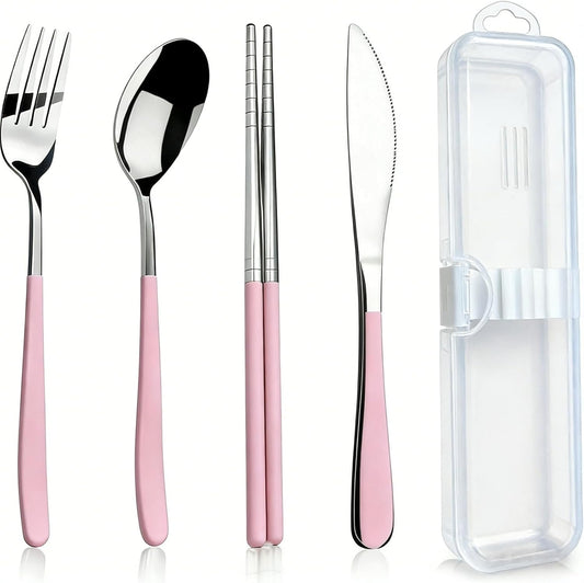 Reusable Travel Utensils Set - 5-Piece Stainless Steel Cutlery with Case, Portable Silverware for Camping, Office & Lunch Box, Eco-Friendly On-the-Go Flatware Kit (pink)