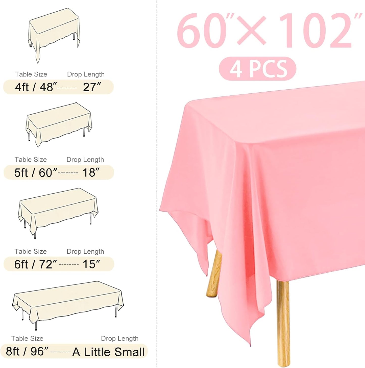 4 Pack Rectangle Tablecloth 60x102 Inch Pink Washable Polyester Table Cover for Wedding Dining Table Buffet Parties Banquet Decoration（Pink）
