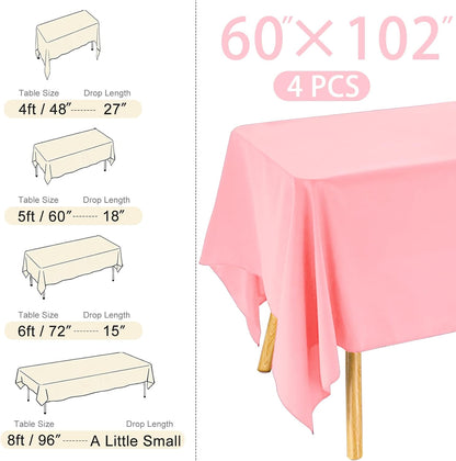 4 Pack Rectangle Tablecloth 60x102 Inch Pink Washable Polyester Table Cover for Wedding Dining Table Buffet Parties Banquet Decoration（Pink）